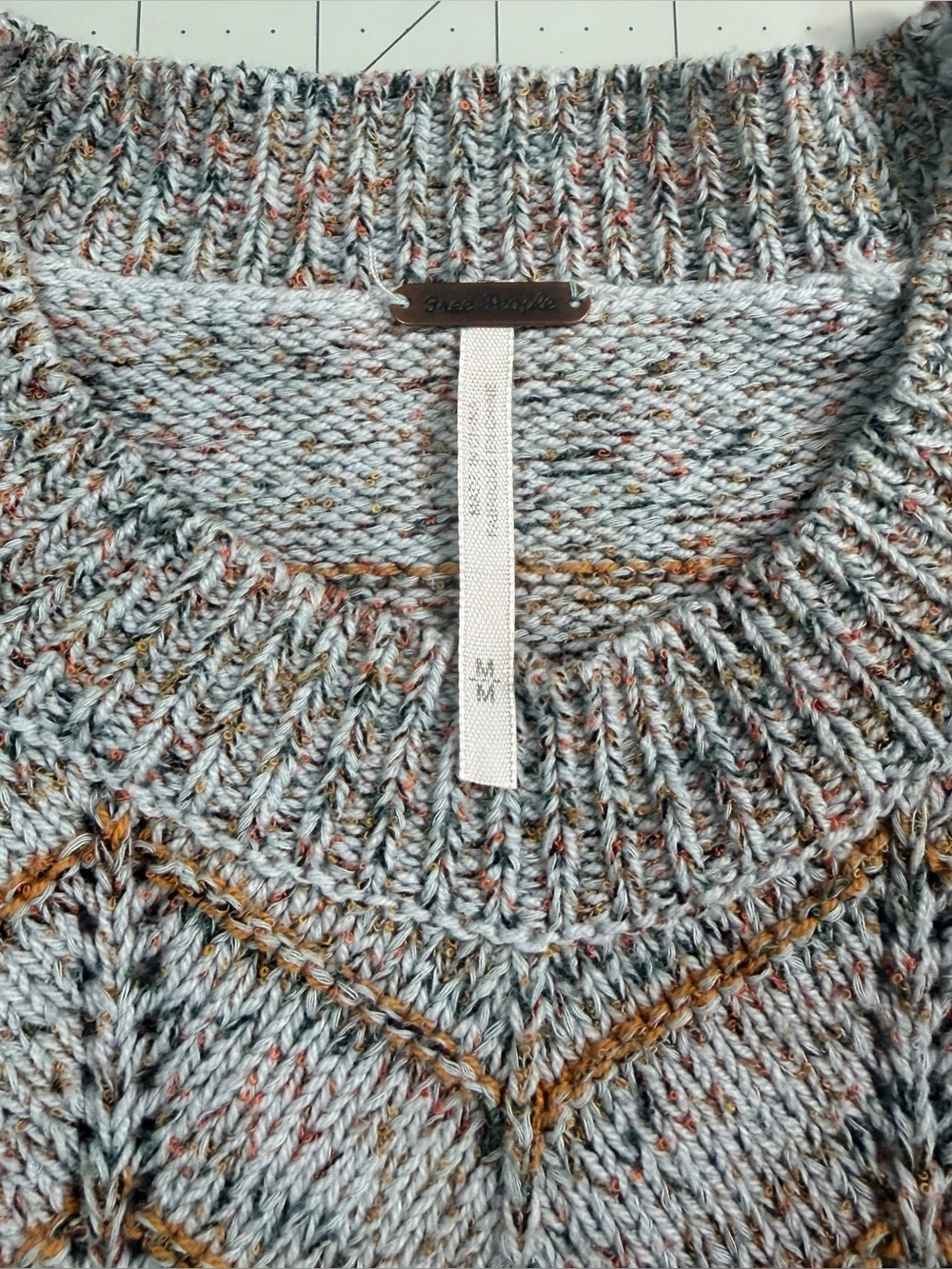 Free People Gray Marled Chevron Knit Crewneck Sweater Women’s Medium - Picture 10 of 13